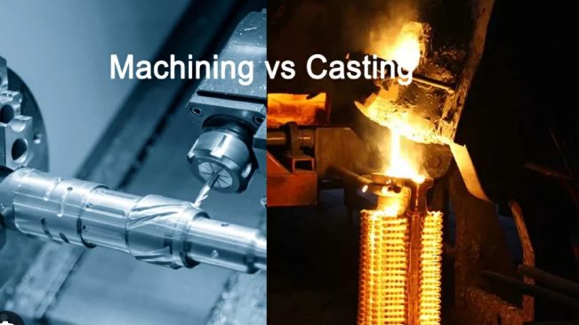 Machining vs Casting: metal being shaped by a lathe and molten metal being poured into a mold