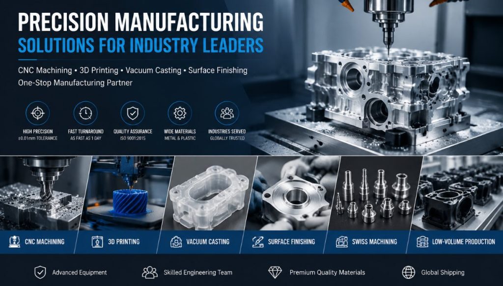 Precision manufacturing solutions: CNC machining, 3D printing, vacuum casting, surface finishing, Swiss machining, low-volume production.