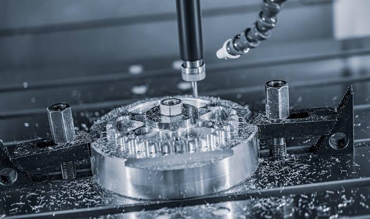 CNC machine cutting a metal gear with metal shavings on the surface